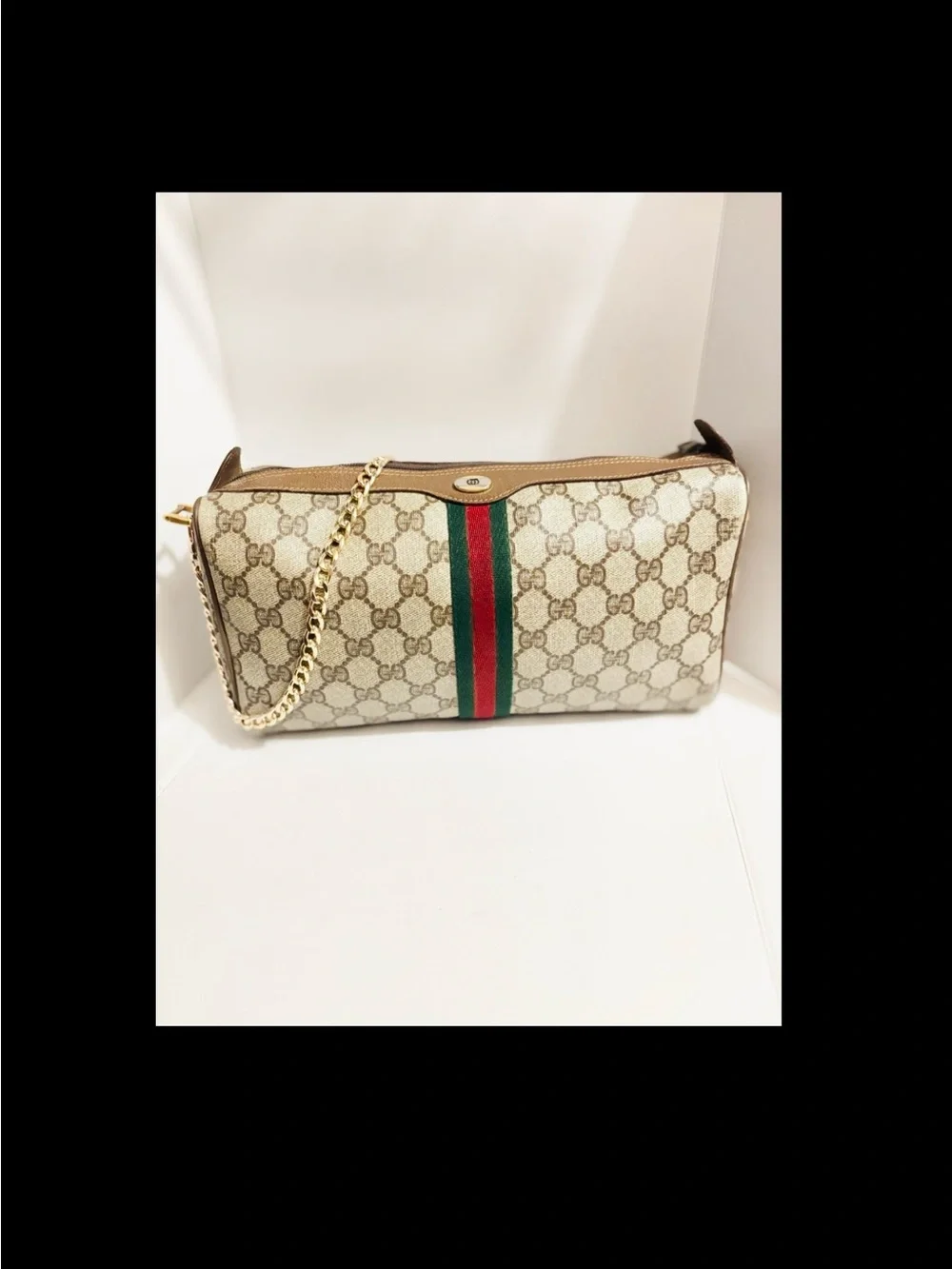 Gucci Beige Monogram Crossbody Bag with Green and Red Stripe